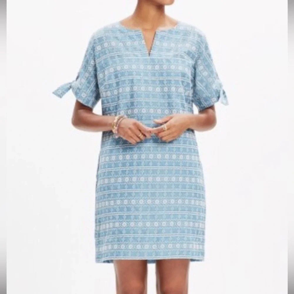 Madewell blue & ivory embroidered fully lined shift dress in size XS. K10 - Picture 1 of 15